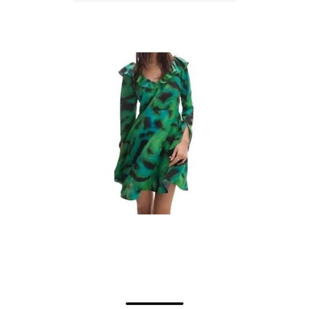 Topshop animal ruffle neck tea dress in green US 8 NWT - Picture 2 of 10